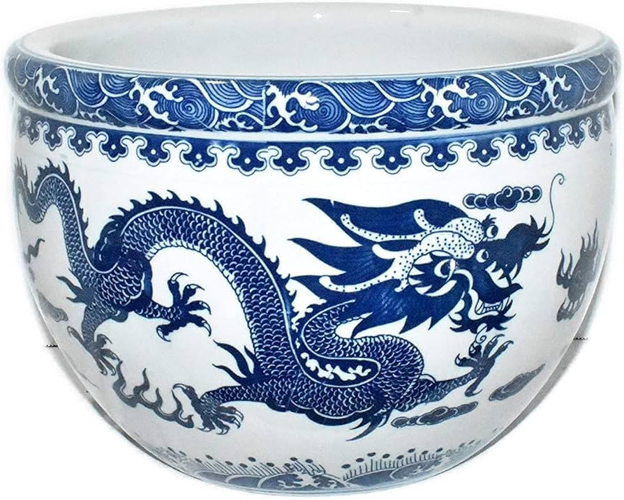 12" Oriental Blue & White Asian Double Dragon & Fire Pearl Fish Bowl Jardiniere Planter Plant Pot | Amazon (US)