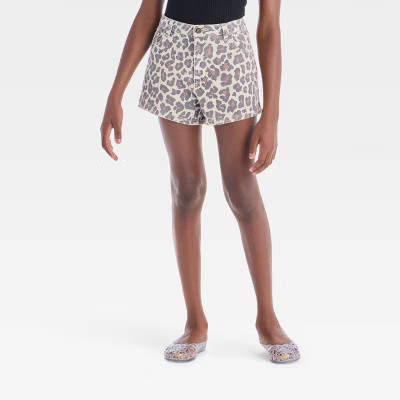 Girls' High-Rise A-Line Leopard Printed Washed Denim Shorts - art class™ Beige M: Stretch, Poc... | Target