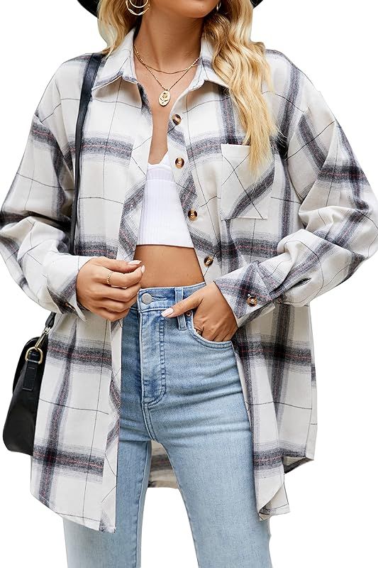 Womens Button Down Flannel Shirts Long Sleeve Plaid Shackets Business Casual Blouse Top | Amazon (US)