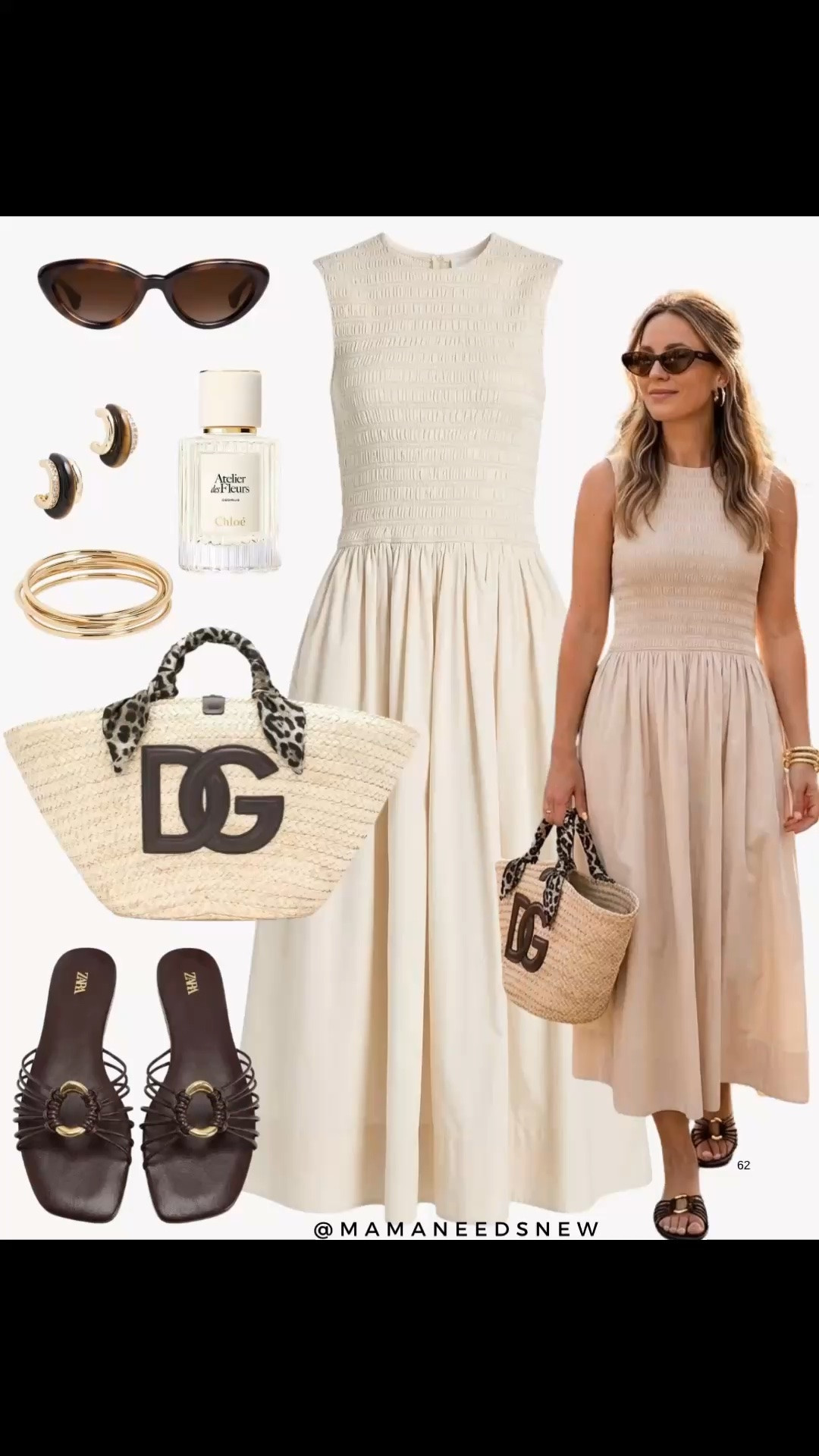 A spring to summer outfit with a smocked top midi dress, slide sandals, raffia tote bag 🤍🤎

#LTKootd #LTKSeasonal #LTKSaleAlert