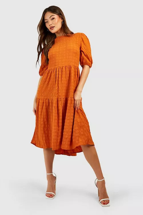 Textured Puff Sleeve Tiered Midi Dress | Boohoo.com (US & CA)