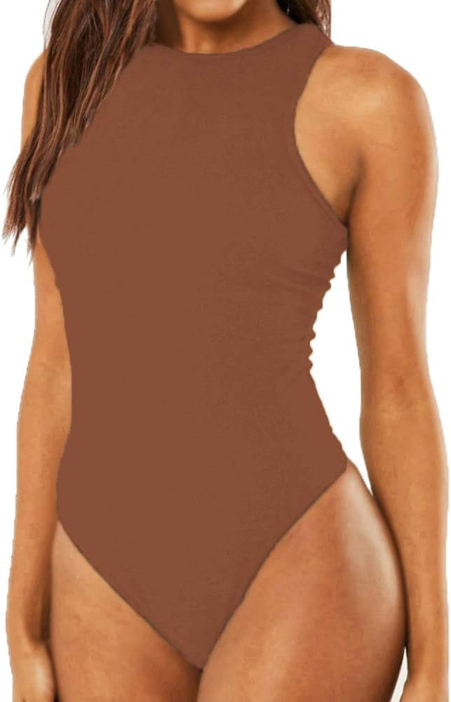 Allchic Womens Tank Bodysuits Tops Sexy Sleeveless Shirts Racer Back Basic Jumpsuits | Amazon (US)