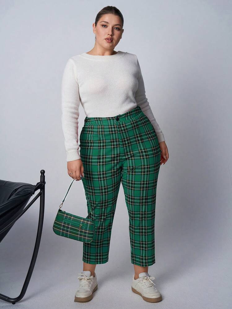 SHEIN EZwear Plus Size Women Red Plaid 3/4 Ankle Skinny Pants | SHEIN