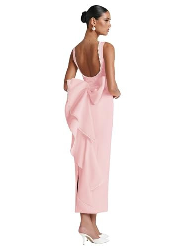 Maxianever Pearl Wedding Guest Dresses 2025 Ruched Satin Bow Pink Prom Party Gown for Women Midi 16 | Amazon (US)