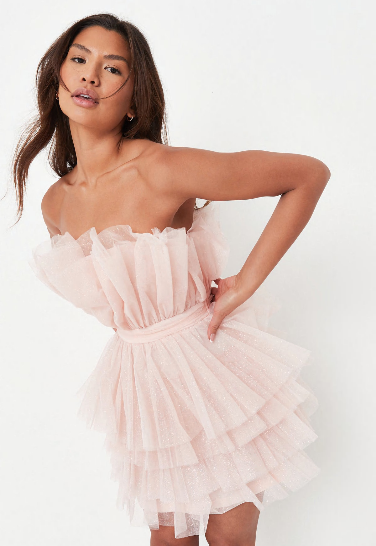 Missguided - Pink Sparkle Tulle Ruffle Bandeau Mini Dress | Missguided (US & CA)