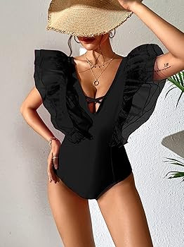 SPORLIKE Women One Piece Swimsuit Organza Ruffle V Neck Bathing Suit | Amazon (US)
