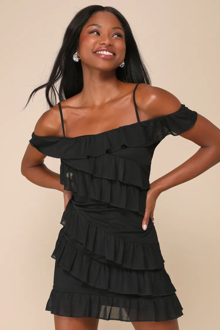 Sincerely Iconic Black Mesh Ruffled Sleeveless Mini Dress | Lulus