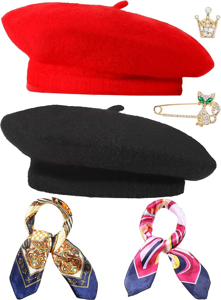 6 Pieces Wool Beret Hat Solid Color French Beanie Hat with Silky Scarf Brooch | Amazon (US)