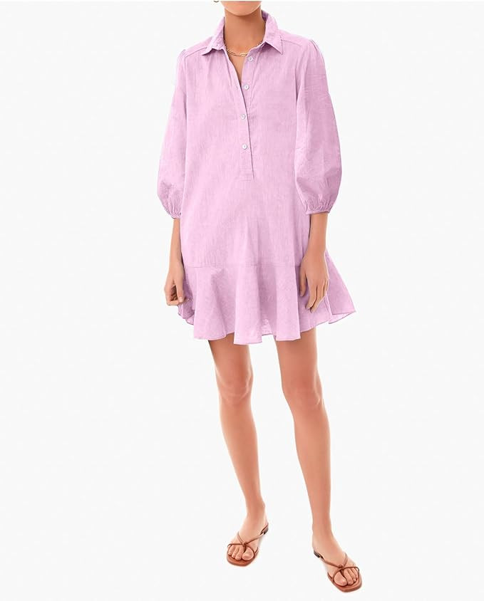 Women Button Down Dress Casual 3/4 Puff Sleeve Cotton Linen Dress Flowy Ruffle Hem Tunic Shirt Dr... | Amazon (US)