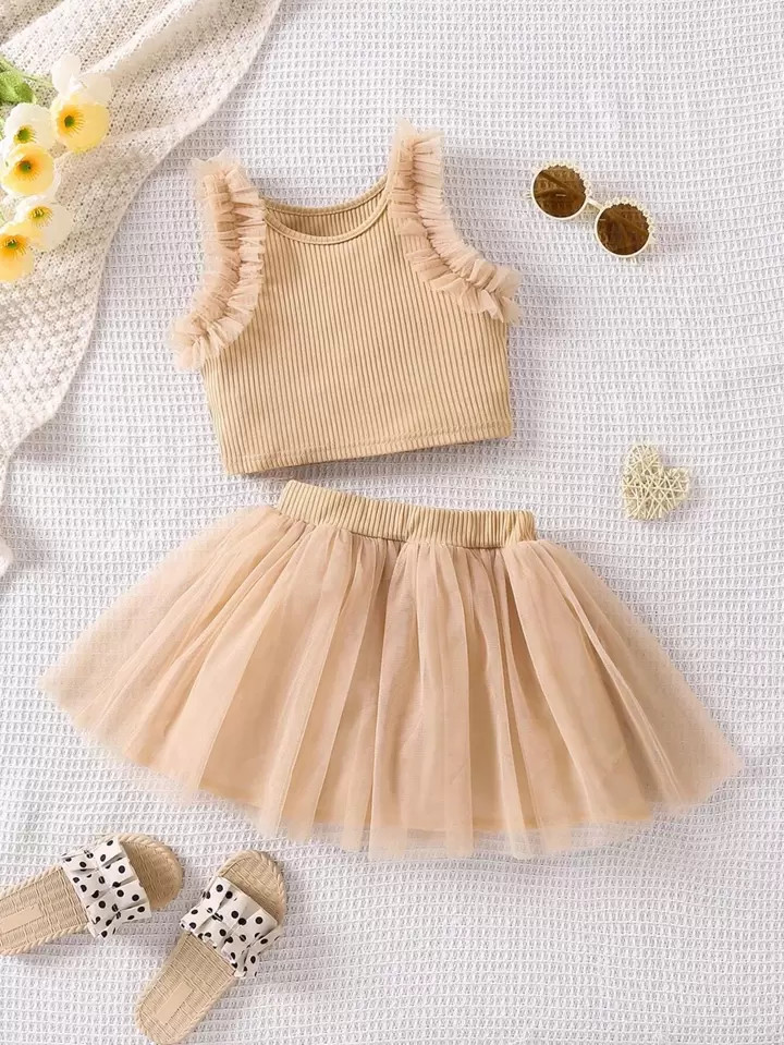 SHEIN Kids EVRYDAY Toddler Girls Frill Trim Tank Top & Mesh Overlay Skirt | SHEIN