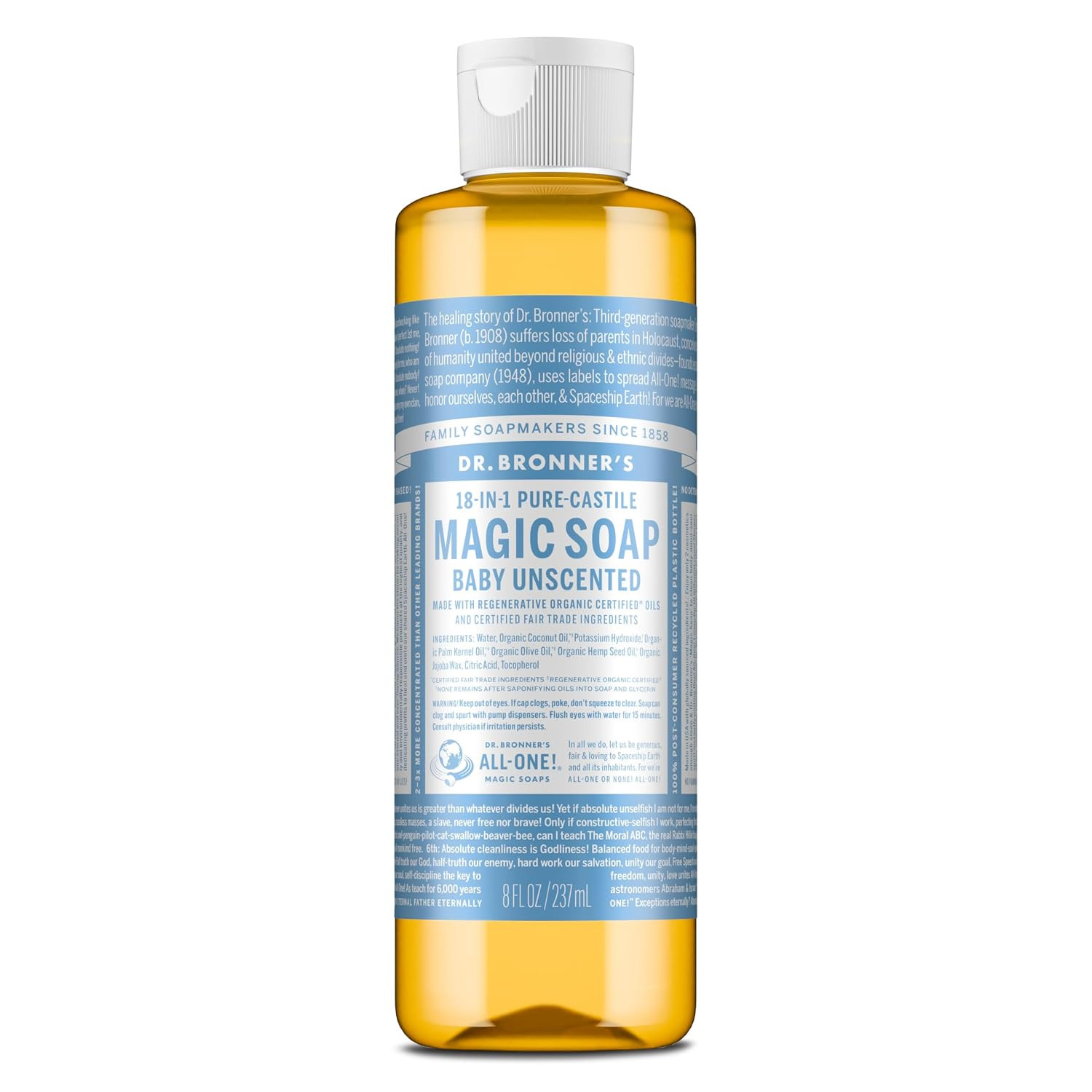 Dr. Bronner's - Pure-Castile Liquid Soap (Baby Unscented, 8 Ounce) - Made with Organic Oils, 18-in-1 Uses: Face, Hair, Laundry, Dishes, For Sensitive Skin, Babies, No Added Fragrance, Vegan, Non-GMO | Amazon (US)