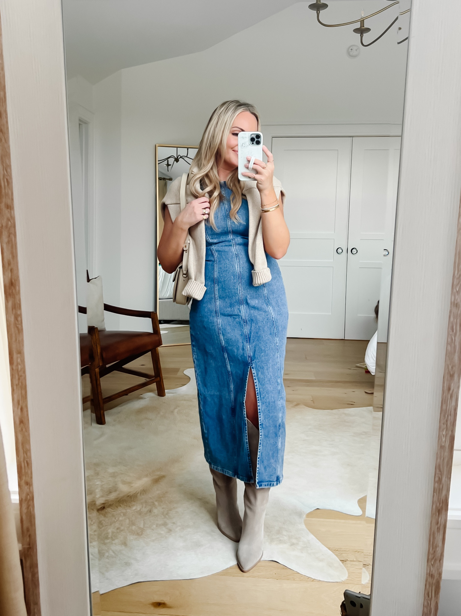 Denim Midid Maxi Dress Spring Abercrombie Light Tan Taupe Suede Knee High Boots

DRESS: Sized up one (Medium) also ordered size tall so it would be longer
BOOTS: TTS
