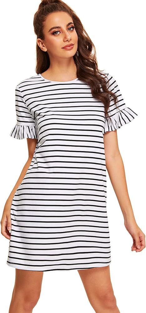 Floerns Women's Summer Casual Ruffle Short Sleeve Tunic Striped T-Shirt Dress | Amazon (US)