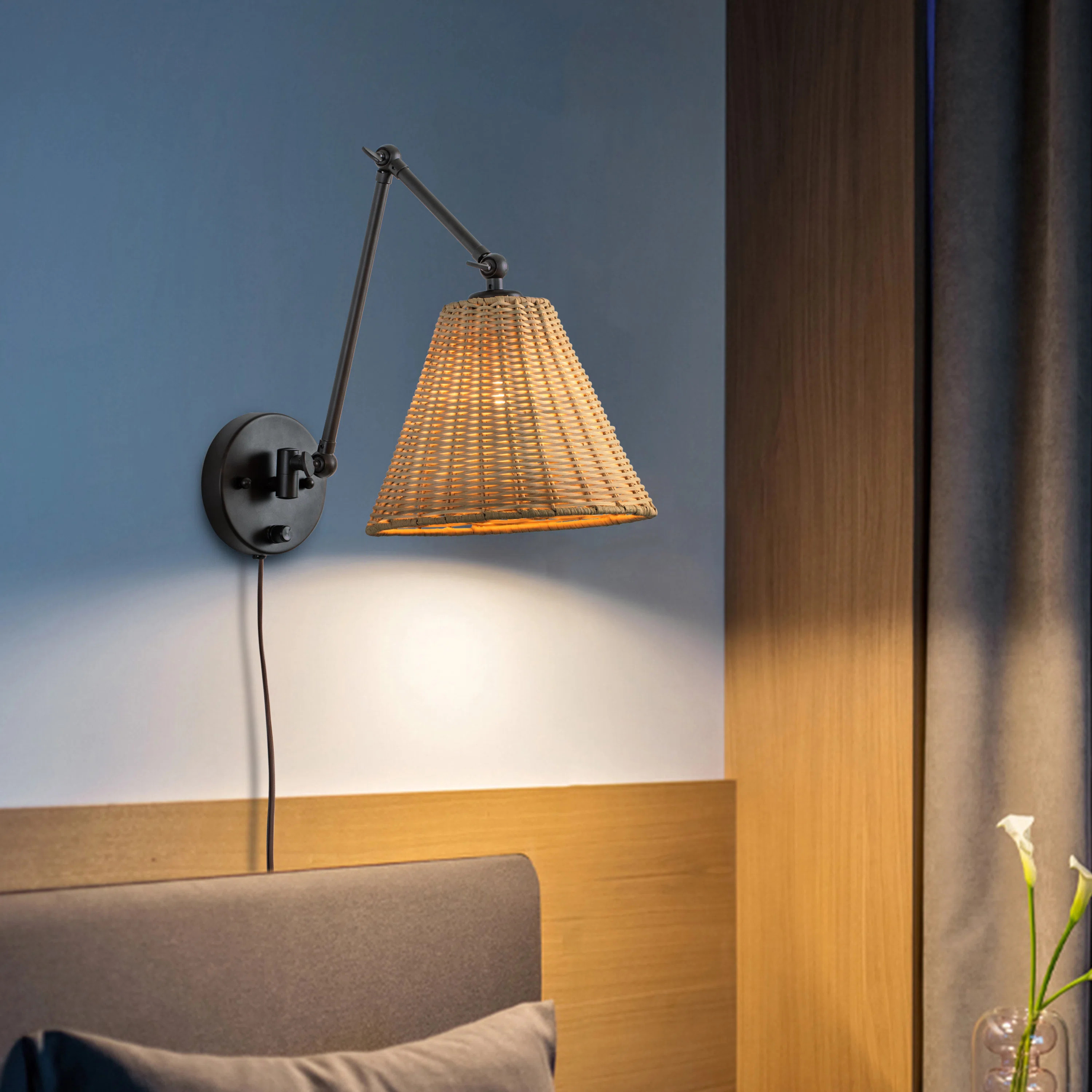 Beachcrest Home™ Zavala Plug-In&Hardwired Black Metal+Nature Rattan Shade Dimmable Swing Arm Sc... | Wayfair North America