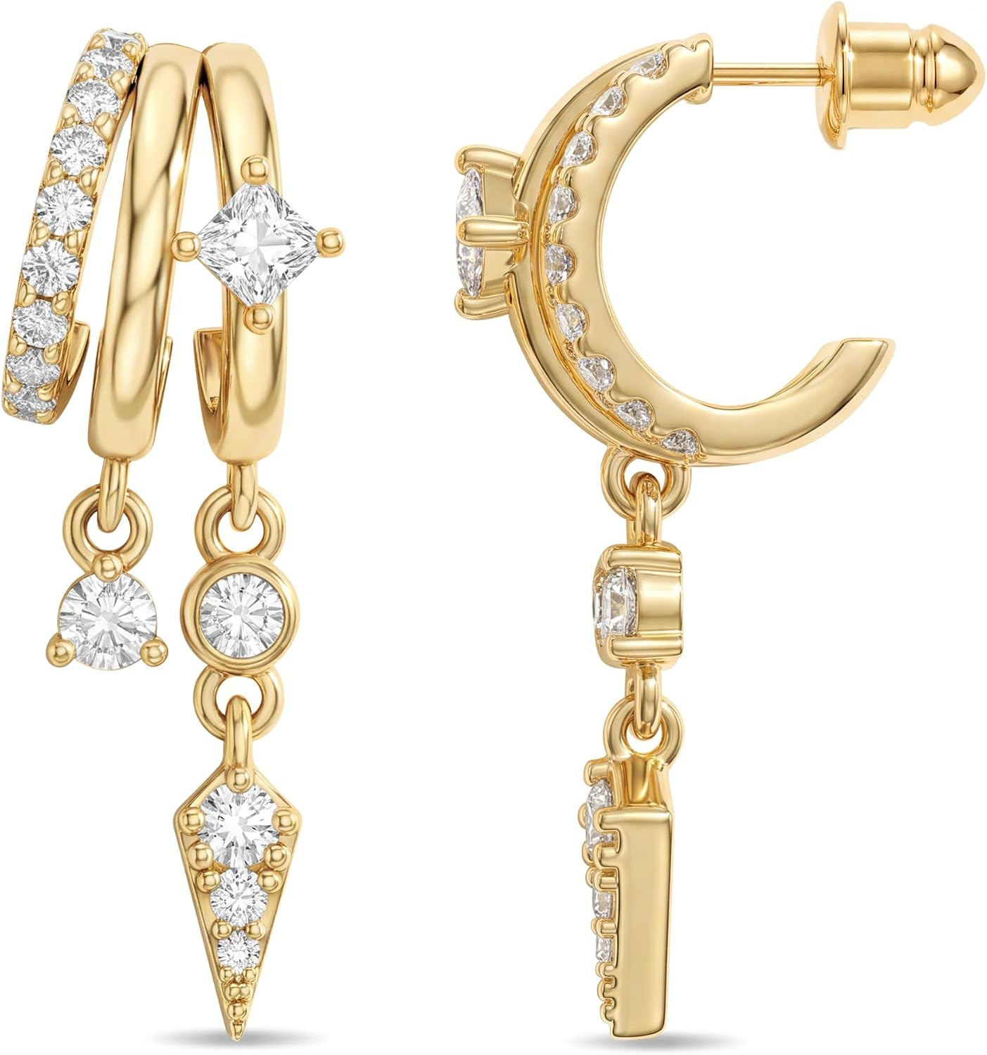 Triple Huggie Stacked Earrings for Women Gold Chain Drop Dangle Earrings Cute Statement CZ Earrings Trendy Dainty Jewelry Gift | Amazon (US)