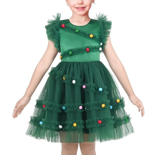Sunny Fashion Girls Dress Green Christmas Tree Mesh Poms Ruffle Bow Party Size 6 | Amazon (US)