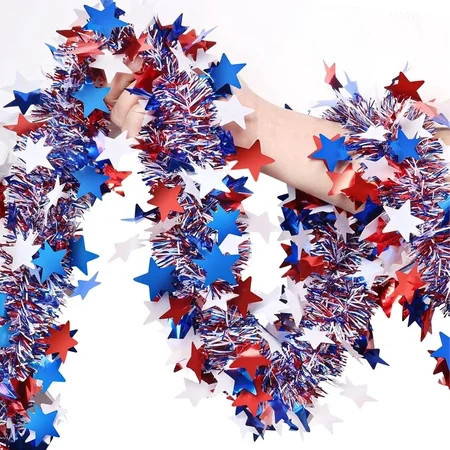 Ayieyill 4th of July Garland Patriotic Decorations, 50Ft Glitter Metallic Tinsel Twist Patriotic Garland, 4th of July Decorations for Parade Float, Wndows, Doors, Stairs, Fireplaces | Walmart (US)