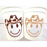 Brown Cowboy Happy Face Cups Cowboy Party Favor Cowgirl Bachelorette Birthday Rodeo Cow Print Hat Disco | Etsy (US)