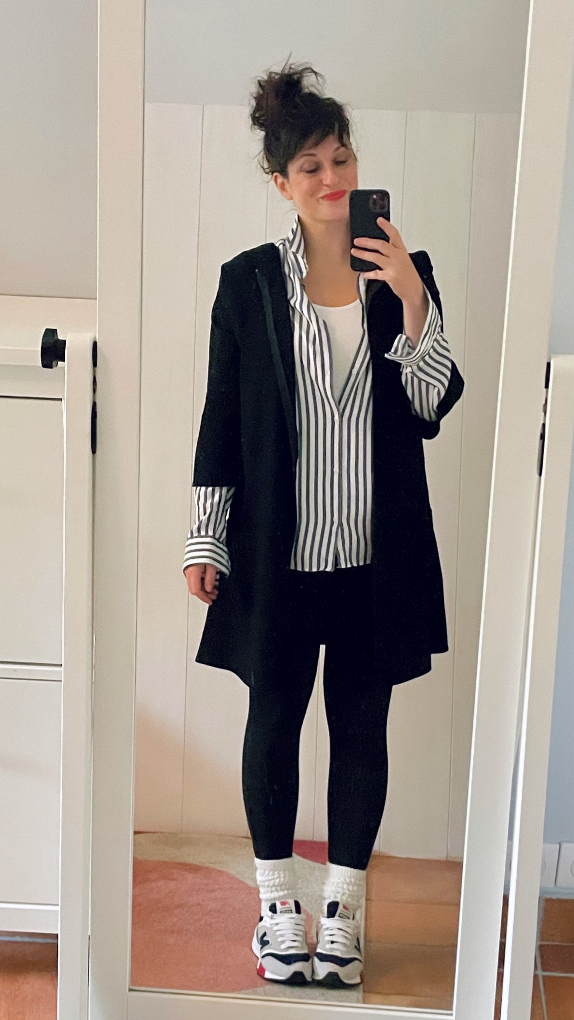 . Black dress customed as a jacket #gerarddarel 
. Striped men tencel shirt #comptoirGL (similar, linked)
. White cotton men tank #tex (similar, linked)
. Charcoal grey legging #marksandspencer (similar, linked) 
. White slouch socks #hue (linked)
. U997R sneakers #newbalance (linked)
. Poppy red lipbalm #labello (linked)

#LTKmidsize #LTKfrance #LTKeurope