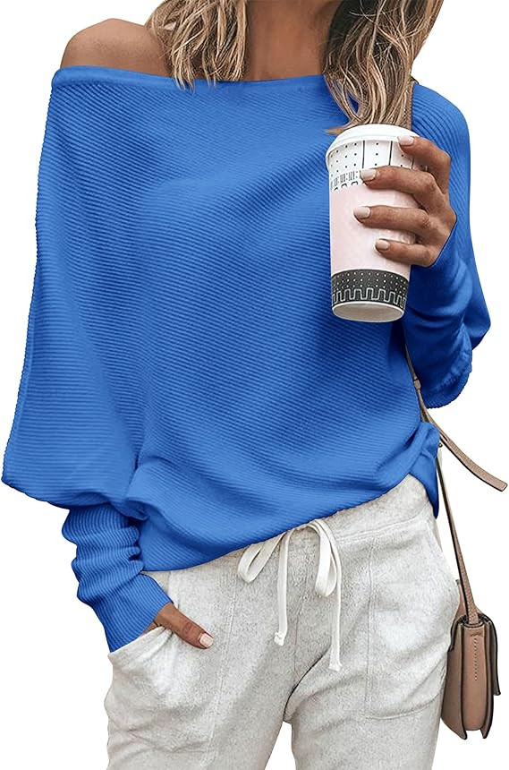 Zenlonr Women's Fall Sweaters 2026 Casual Long Batwing Sleeve Loose Off Shoulder Knit Pullovers J... | Amazon (US)