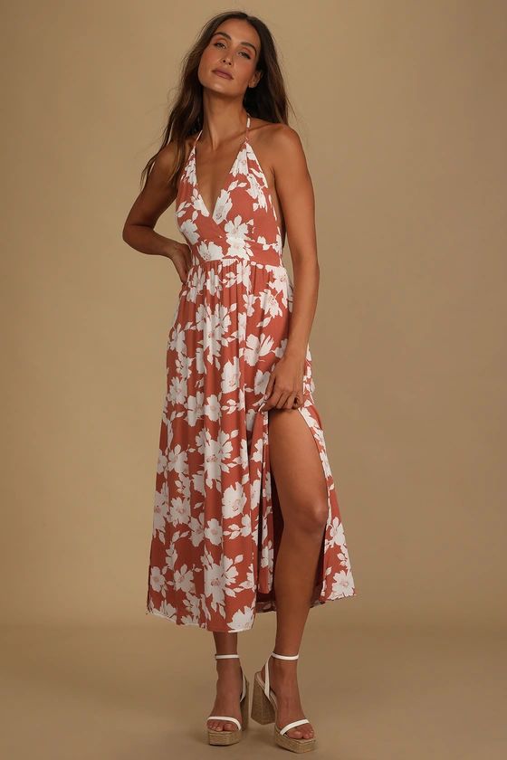 Follow the Summer Orange Floral Print Halter Midi Dress | Lulus (US)