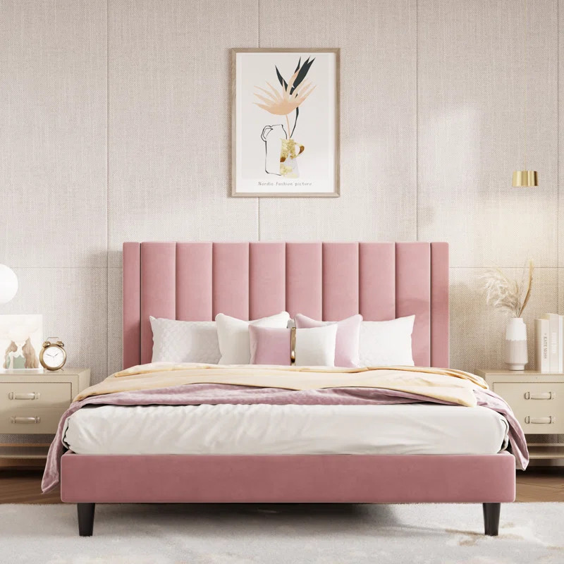 Mercer41 Stauton Upholstered Platform Bed with Velvet and Striped Headboard & Reviews | Wayfair | Wayfair North America