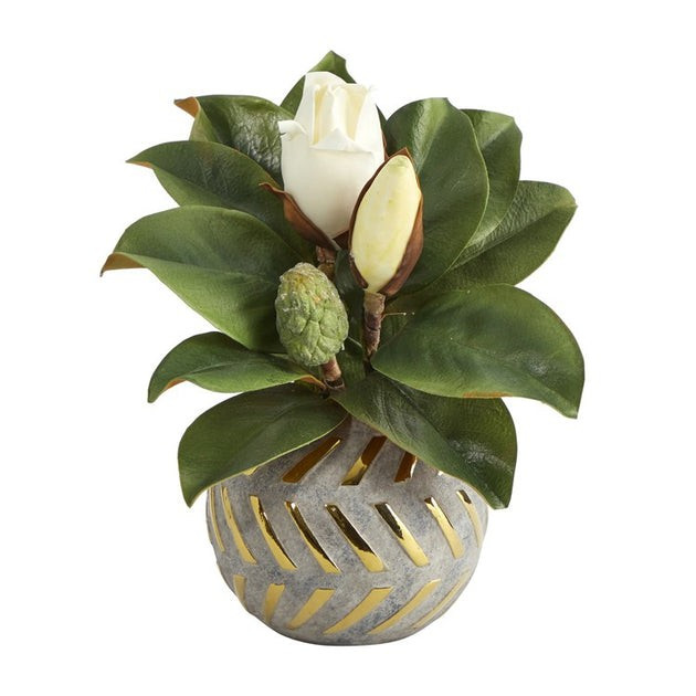 12" Magnolia Artificial Plant in Planter with Gold Trimming | Riverbend Home