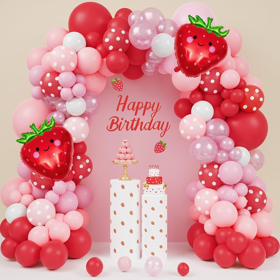 Ouddy Life Strawberry Balloon Garland Arch Kit, 171pcs Strawberry Party Decoration Red Pink Polka... | Amazon (US)