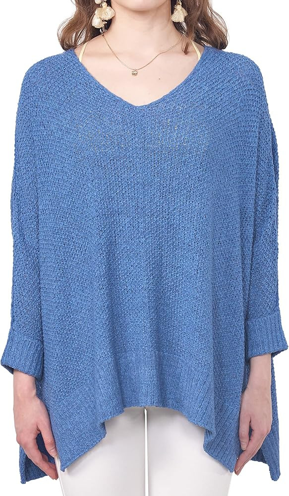 Oversized V-Neckline Cuffed Sleeves High Low Ribbed Hem Loose Lightweight Sweater | Amazon (US)