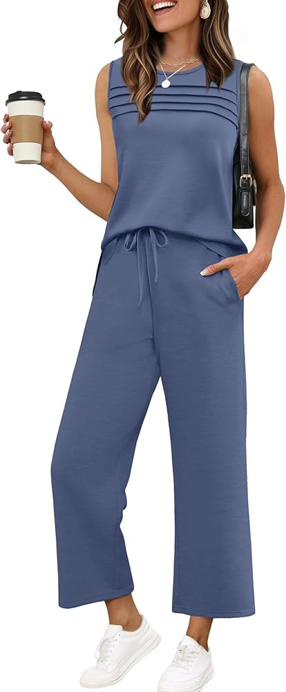 WIHOLL Two Piece Sets for Women Summer Outfits Matching Lounge Sets Wide Leg Crop Pants Vacation ... | Amazon (US)