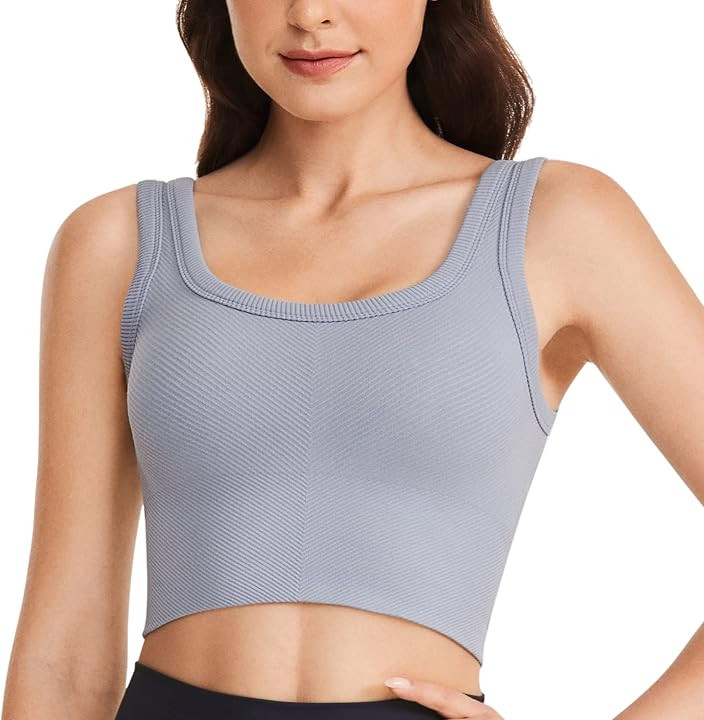 VANTONIA Tank Tops with Built in Bras Ribbed Vintage Crop Top Longline Sports Workout Bra Seamless W | Amazon (US)