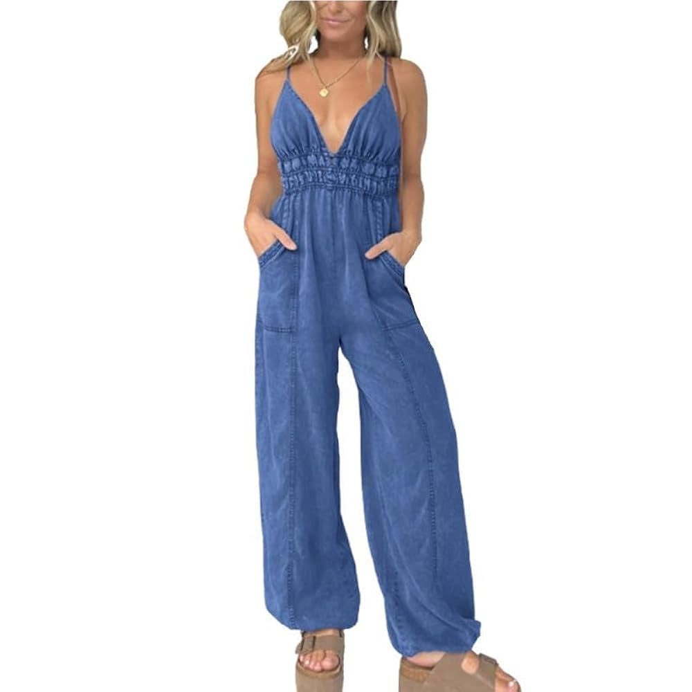 Denim Lightweight V-Neck Jumpsuit 2024 New Casual Spaghetti Jumpsuit with Pockets Rompers for Wom... | Amazon (US)