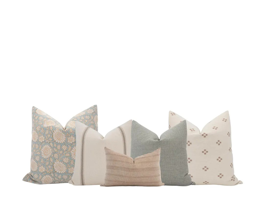 Brown, Green and Blue Pillow Cover Set Blue Floral Pillow Set Green Floral Pillow Set Farmhouse P... | Etsy (US)