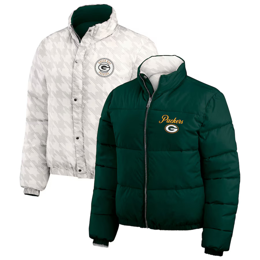 Green Bay Packers WEAR by Erin Andrews Women's Reversible Cropped Full-Zip Puffer Jacket - Green/... | Fanatics