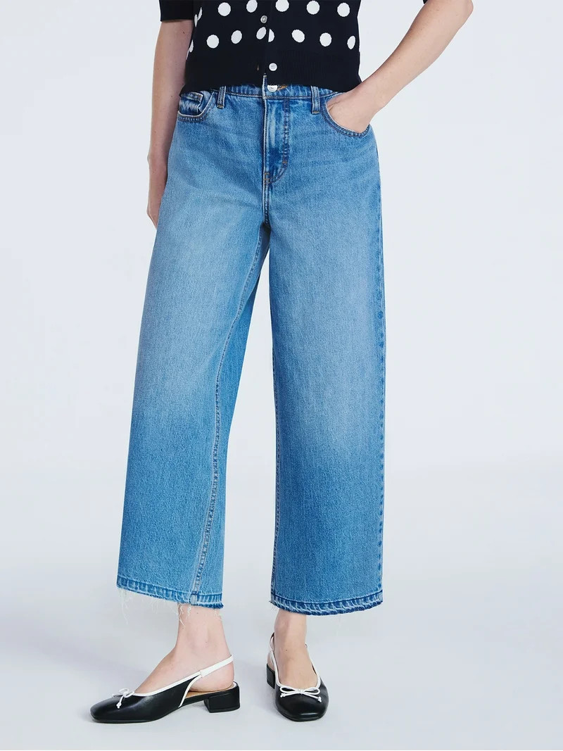 Free Assembly Women's Midrise Wide Leg Release Hem Jeans, 24" Inseam, Sizes 0-20 | Walmart (US)