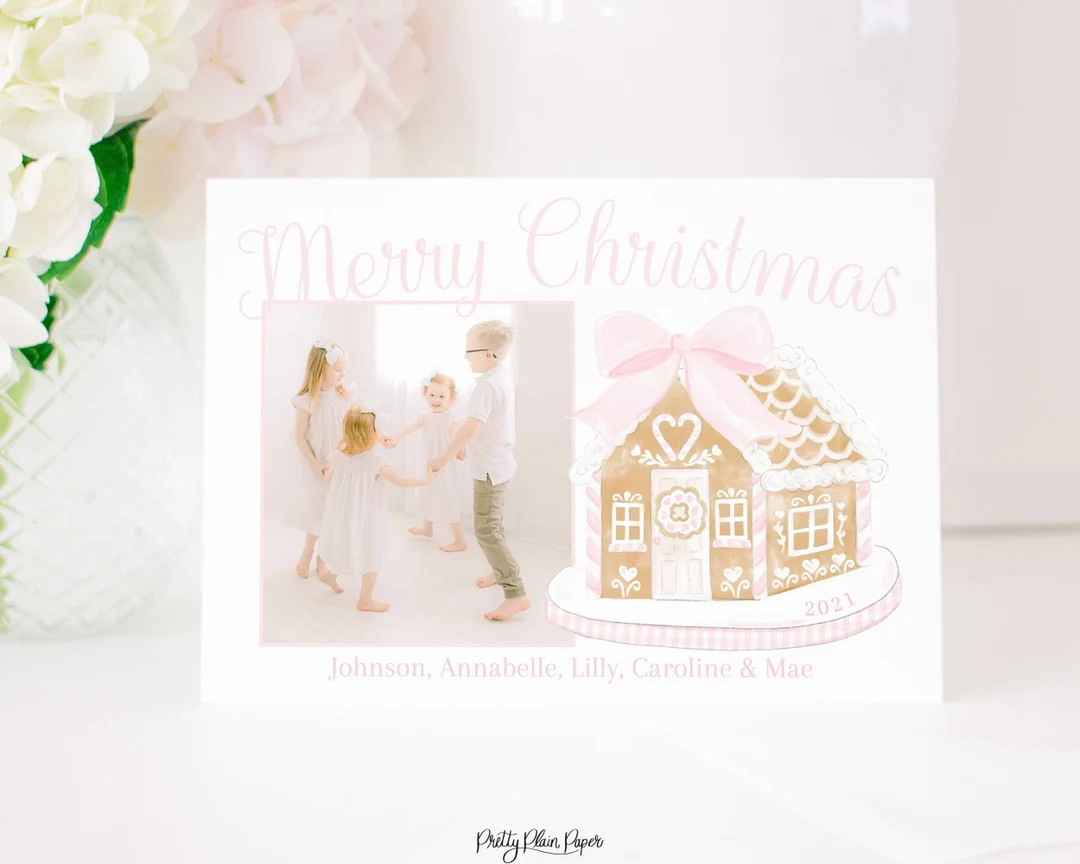 Watercolor Pink Gingerbread House Christmas Card With Photo - Etsy | Etsy (US)