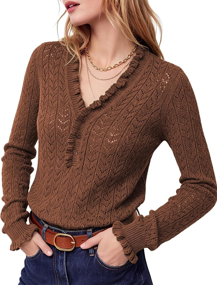 SCUSTY Women's V Neck Crochet Knit Top Long Sleeve Hollow Out Sweater | Amazon (US)