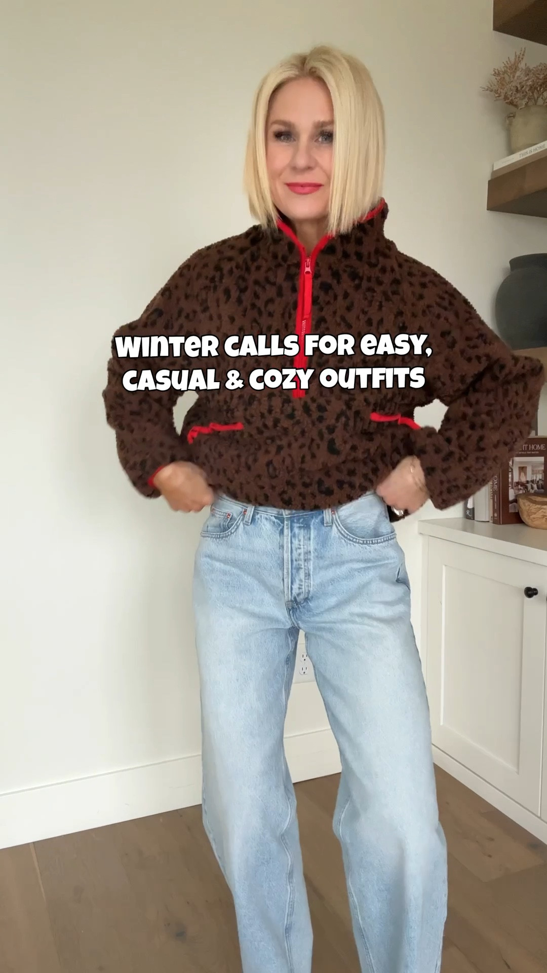 Cozy but cute winter outfit ❄️ Perfect for sports mom days, errands, travel, coffee runs, or literally any winter plans. 
Loving this dark leopard + red piping Sherpa, my fave baggy jeans, neutral sneakers, and a quilted Target bag full of snacks.
Sizing: 
Sherpa fits TTS, wearing a medium. 
Jeans fit TTS, wearing 4 regular length (you could size down for a less baggy fit).
Always go 1/2 down in adidas sneakers 

#LTKOver40 #LTKgrwm #LTKmomlife