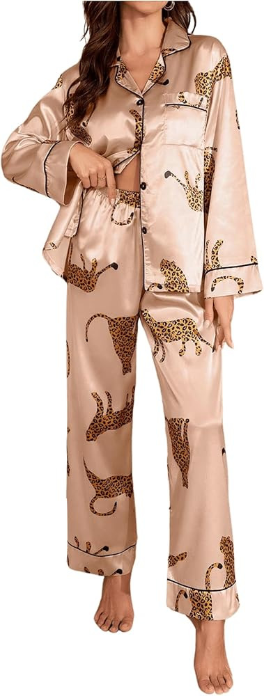 SOLY HUX Women's Leopard Print Silk Satin Pajama Set Long Sleeve Button Down Shirt Pj Set 2 Piece... | Amazon (US)