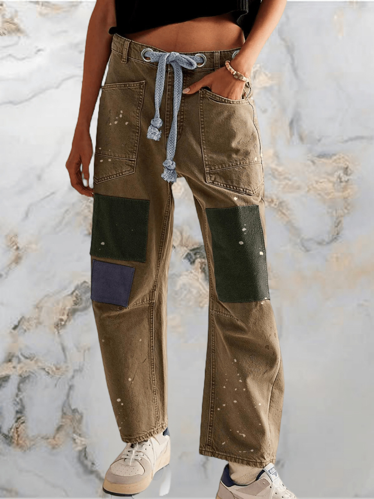 Womens Baggy Barrel Jeans Horseshoe Wide Leg Low Rise Patchwork Denim Pants With Pockets | SHEIN