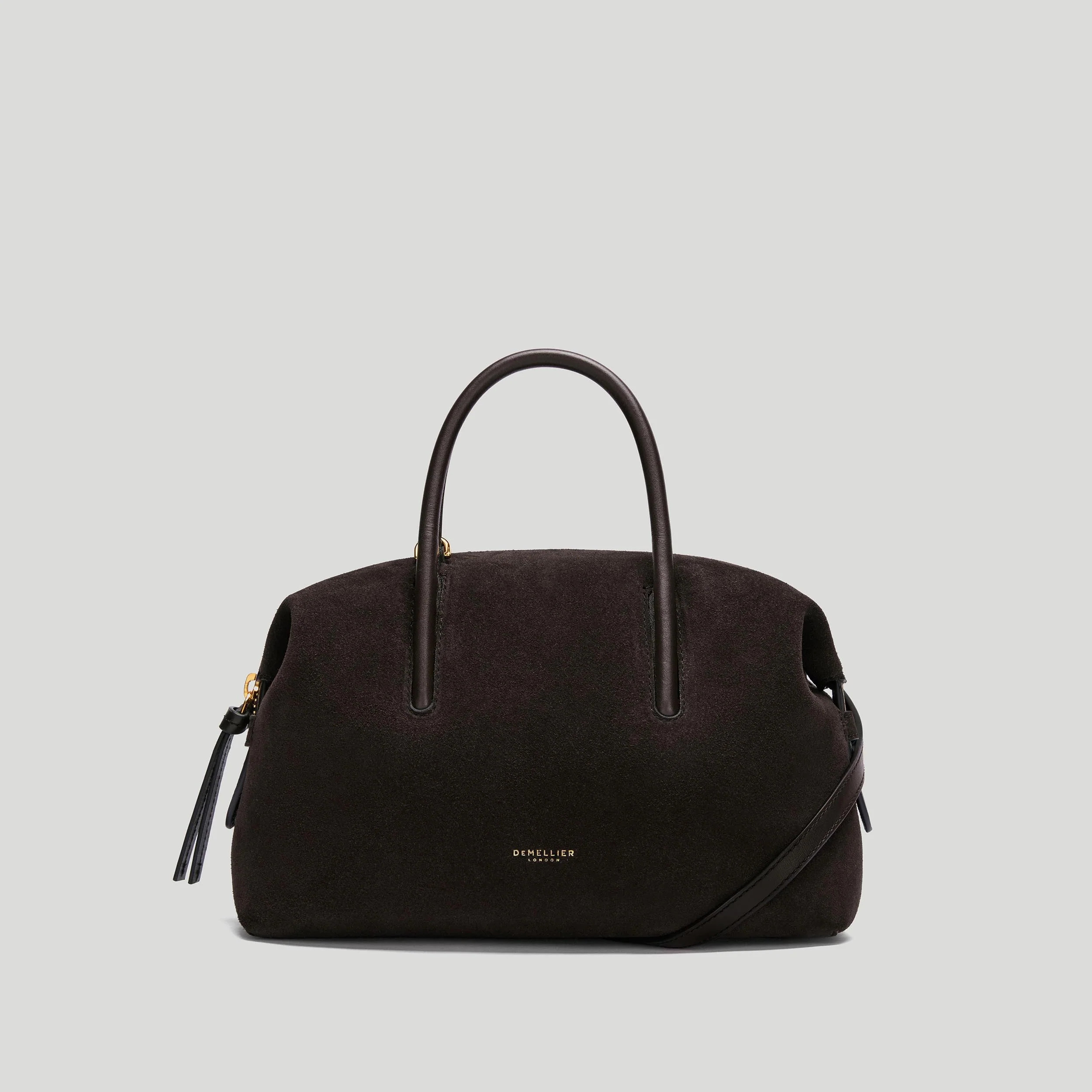 DeMellier The Small Stockholm in Dark Chocolate Suede & Dark Chocolate Smooth Leather Top handle bag | DeMellier