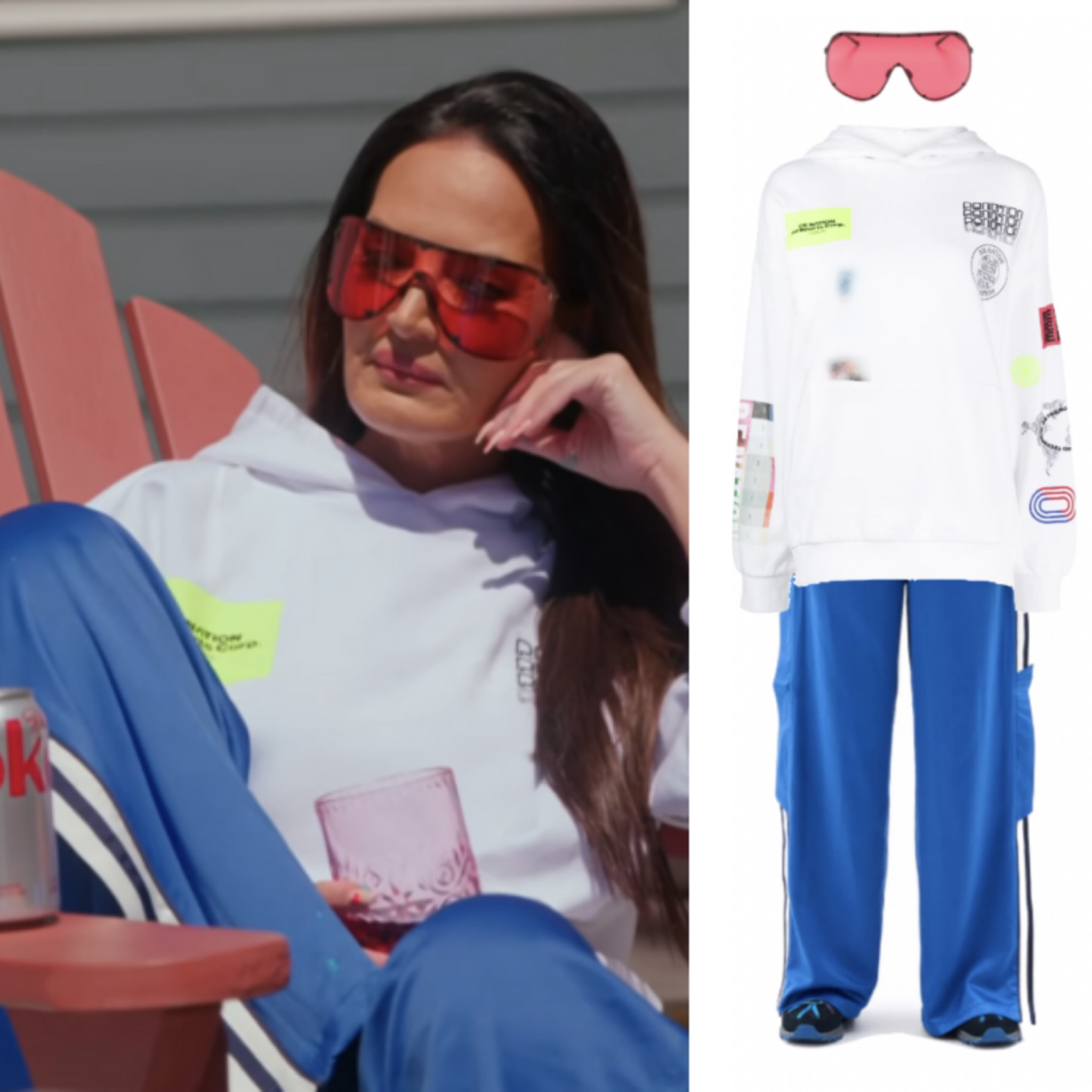 Lisa Barlow’s White Graphic Sweatshirt, Blue Pants and Red Shield Sunglasses (linked in black)