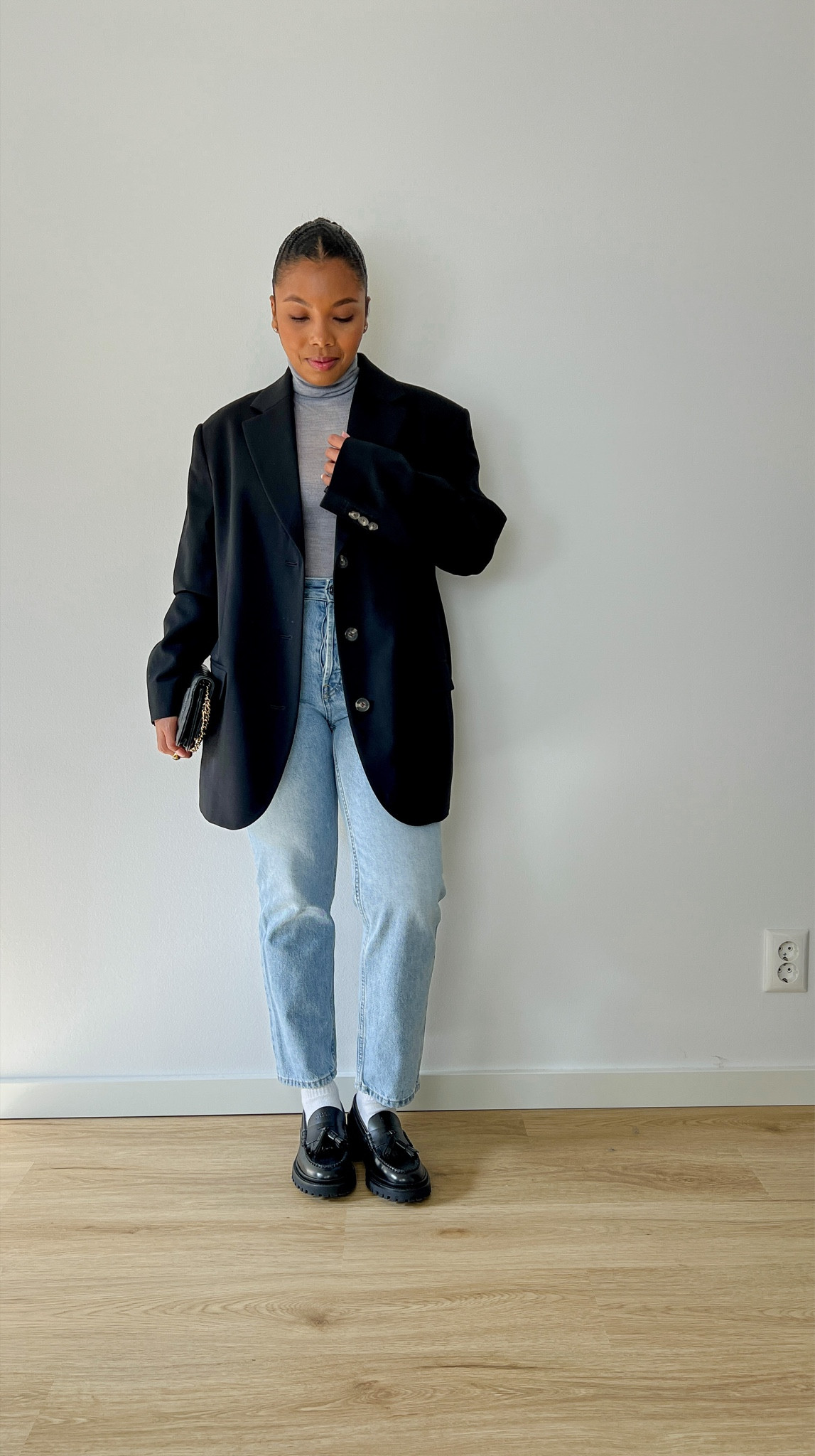 Minimalistic spring outfit. Black Everlane blazer, COS light gray turtleneck, blue Everlane jeans, Isabel Marant black loafers, casual but chic, trendy outfits, curvy fashion. 

#LTKcurves #LTKeurope #LTKstyletip