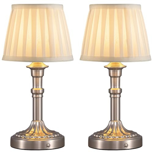 KDG Cordless Portables Table Lamp Set of 2, LED Fabric Shade Small Desk Lamps, 5000mAh Battery Powered Lighting, 2700K Stepless Dimmable Light for Living Room, Dining Room, Bedroom, Bedside (Nickel) | Amazon (US)