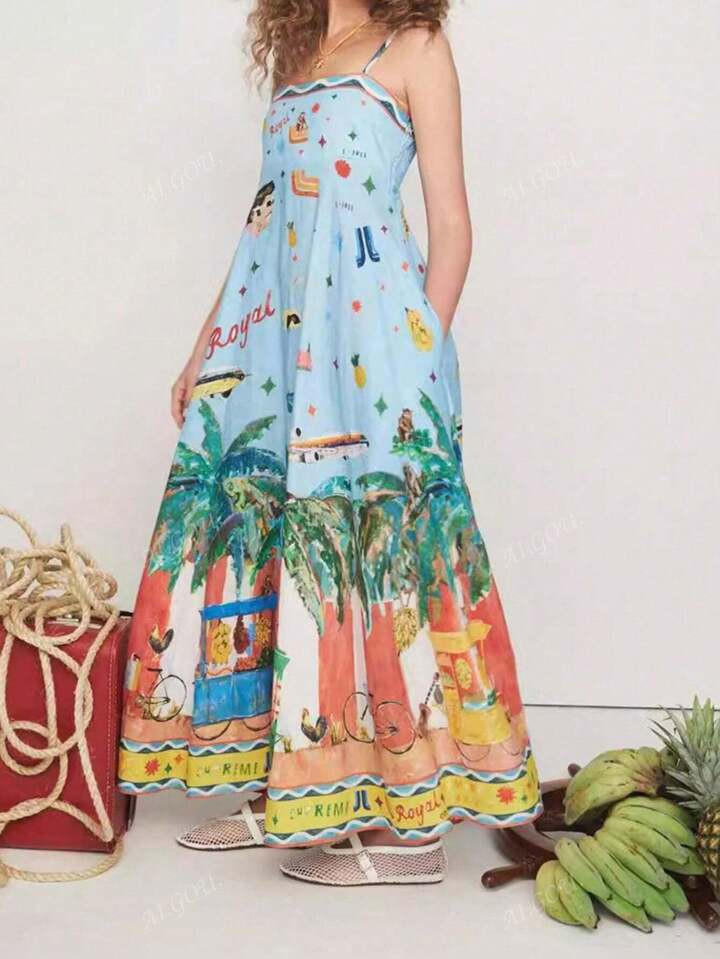 Women's Spaghetti Strap All Over Graffiti Print Swing Dress With Pockets, Suitable For Beach, Vacation, Summer | SHEIN