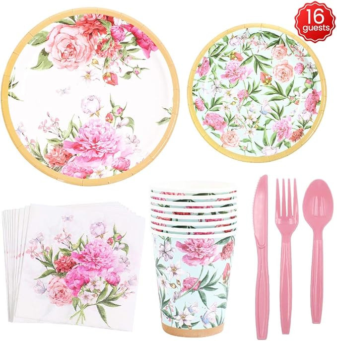Vintage Floral Party Supplies Set,112 PCS Including Knives, Spoons, Forks, Paper Plates, Napkins,... | Amazon (US)