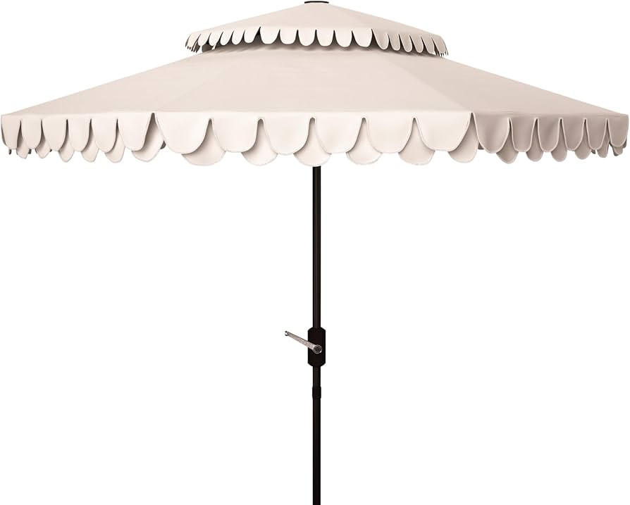 SAFAVIEH 9ft Outdoor Patio Umbrella, Double Top, Valance, Beige & White Trim, Double Top, Auto Cr... | Amazon (US)