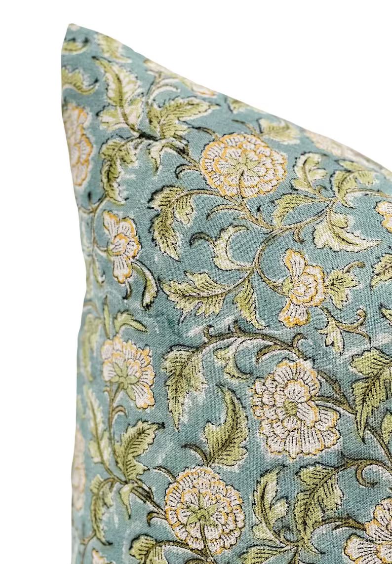 Designer Floral in Teal Green and Yellow on Natural Linen | Etsy | Etsy (US)