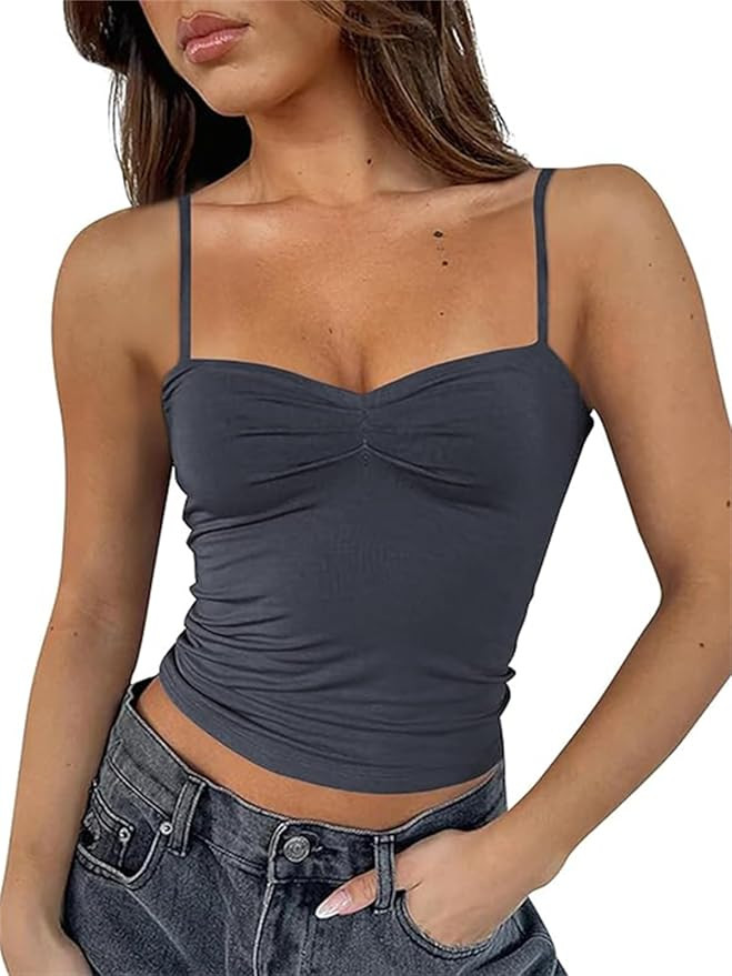 ForeFair Women Y2K Sweetheart Neck Sleeveless Crop Tank Tops Backless Spaghetti Strap Pleated Bus... | Amazon (US)
