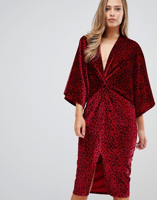 Flounce London velvet twist front midi dress in red animal | ASOS US